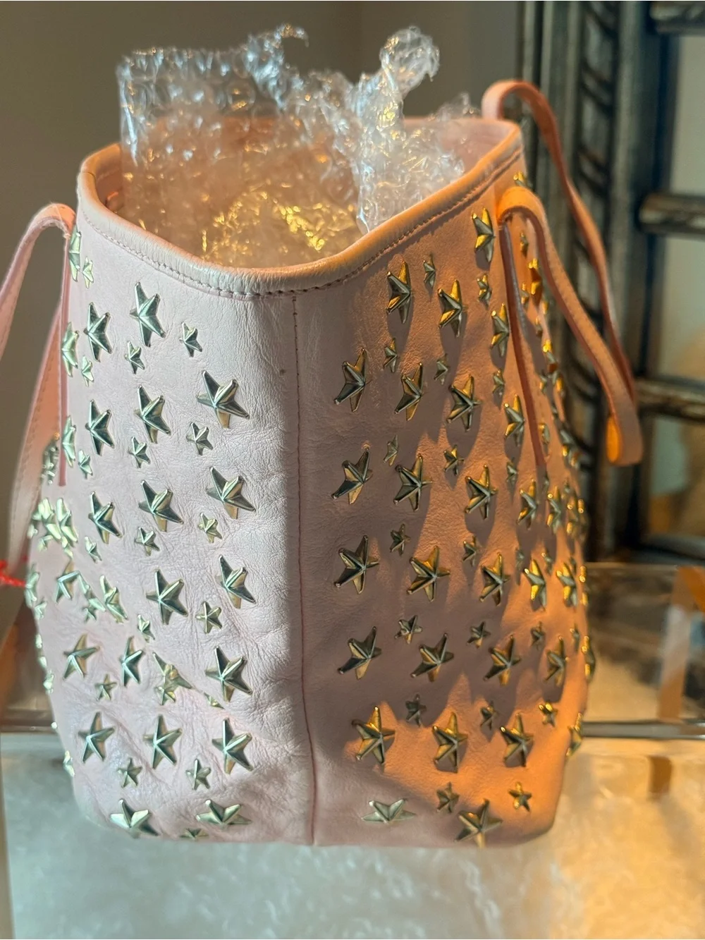 Jimmy Choo Sasha S Tote Bag in a gorgeous, soft pastel pink leather.